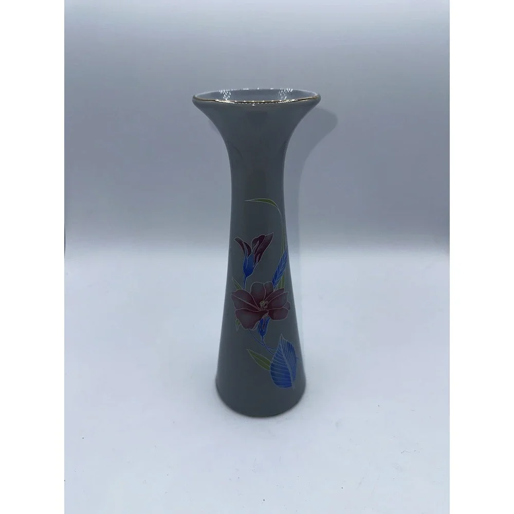 Gray‎ Porcelain Bud Vase Gold Rim Floral Lily Vintage Decorative